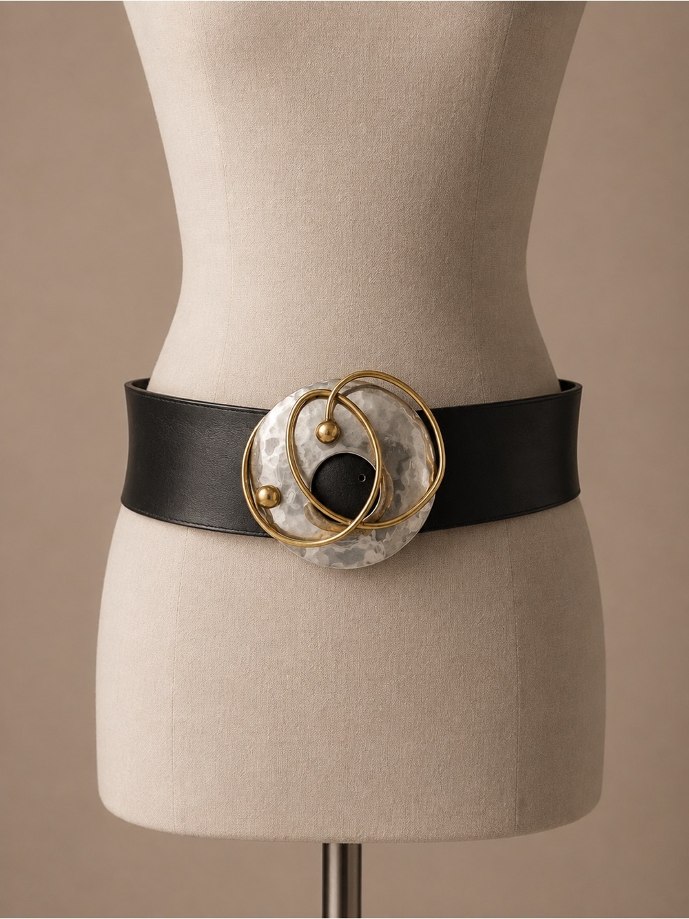 Vintage Mixed Metal Orbital Buckle Wide Black Leather Statement Belt